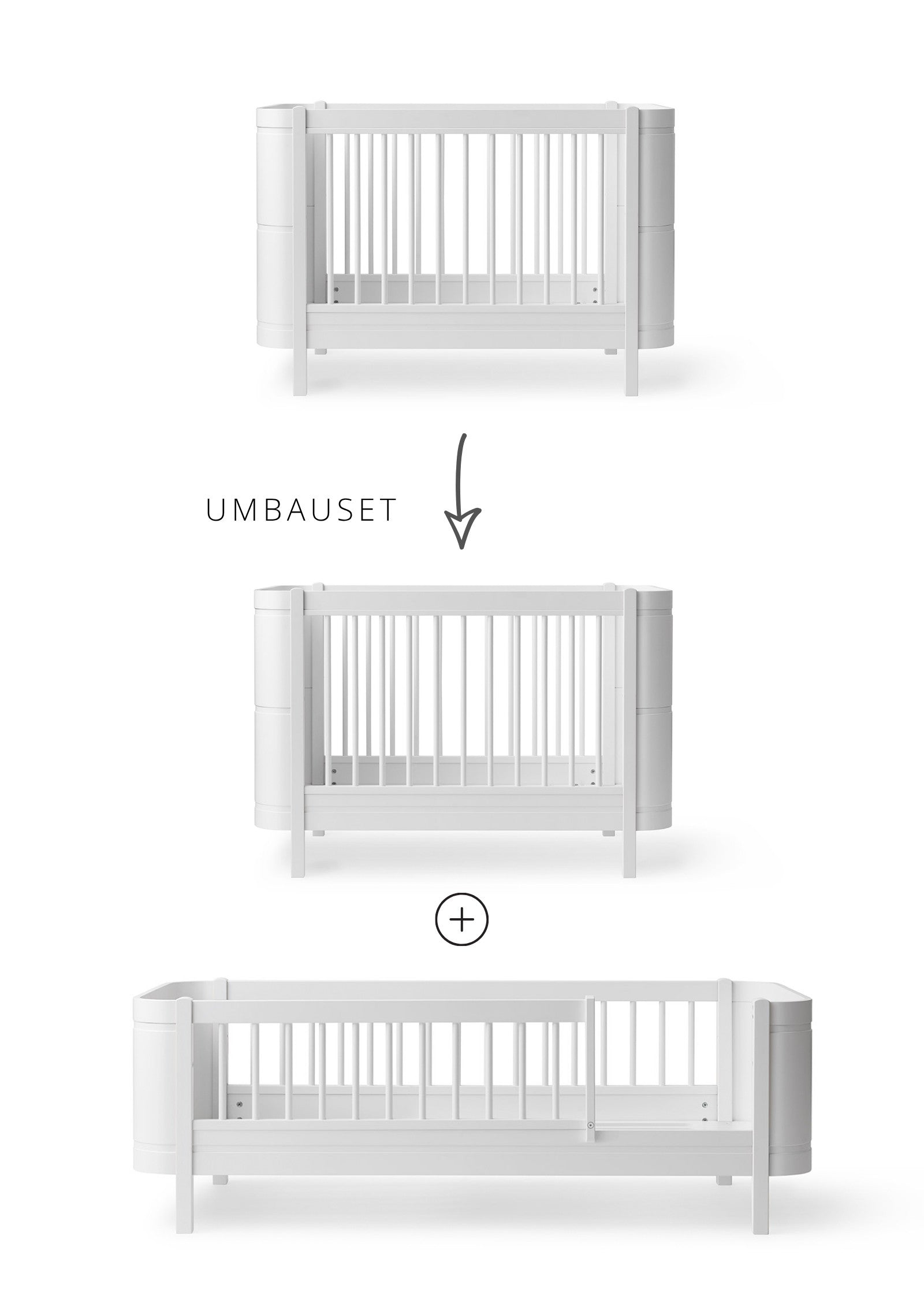Oliver Furniture Geschwisterset für 'Wood Mini+' Babybett inkl. Junior-Erweiterung zu zwei Betten Weiß