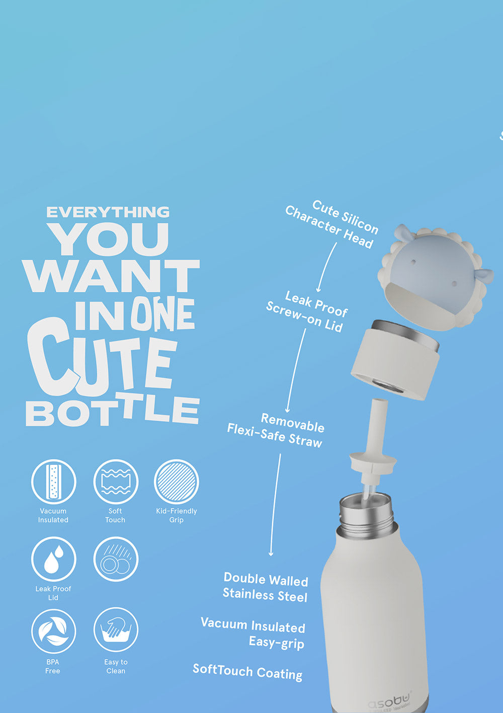 Asobu Bestie Trinkflasche Schaf 'Brie the Sheep' weiss - Eigenschaften der Trinkflasche (Text auf Englisch)