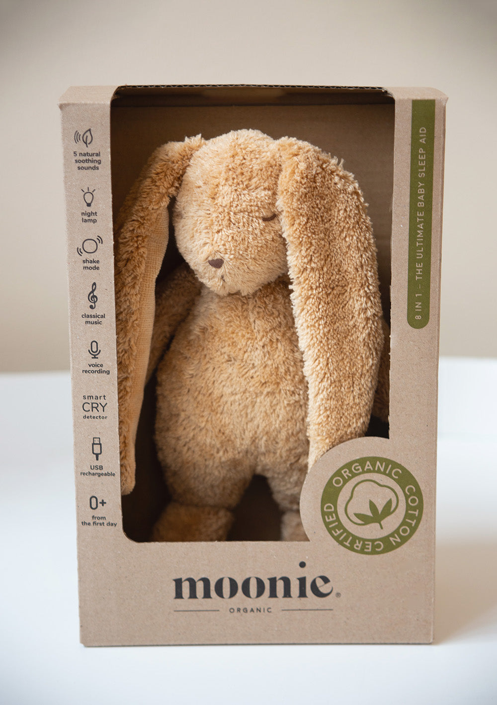 Moonie Hase mit Licht 'Organic Humming Bunny 2.0' cappuccino Verpackung