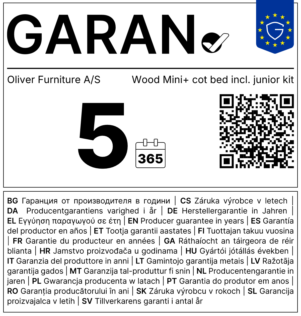 Vollständiges GARAN-Label, 5 Jahre Garantie auf Babybett 'Wood Mini+' Eiche 122-162 x 68 cm