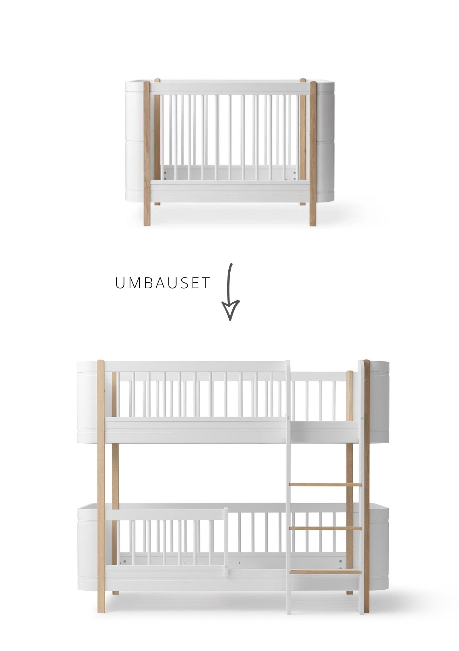 Oliver Furniture Umbauset für 'Wood Mini+' Babybett inkl. Junior-Erweiterung zum halbhohen Etagenbett Weiß / Eiche