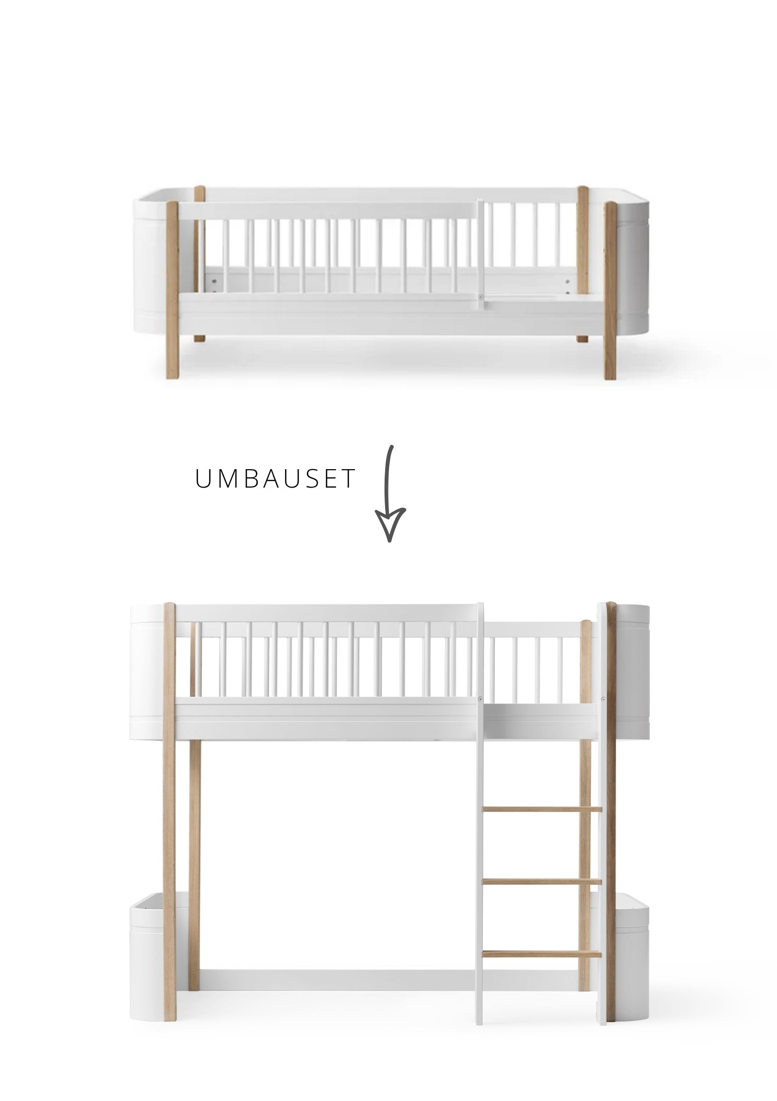 Oliver Furniture Umbauset für 'Wood Mini+' Babybett inkl. Junior-Erweiterung zum halbhohen Hochbett Weiß / Eiche