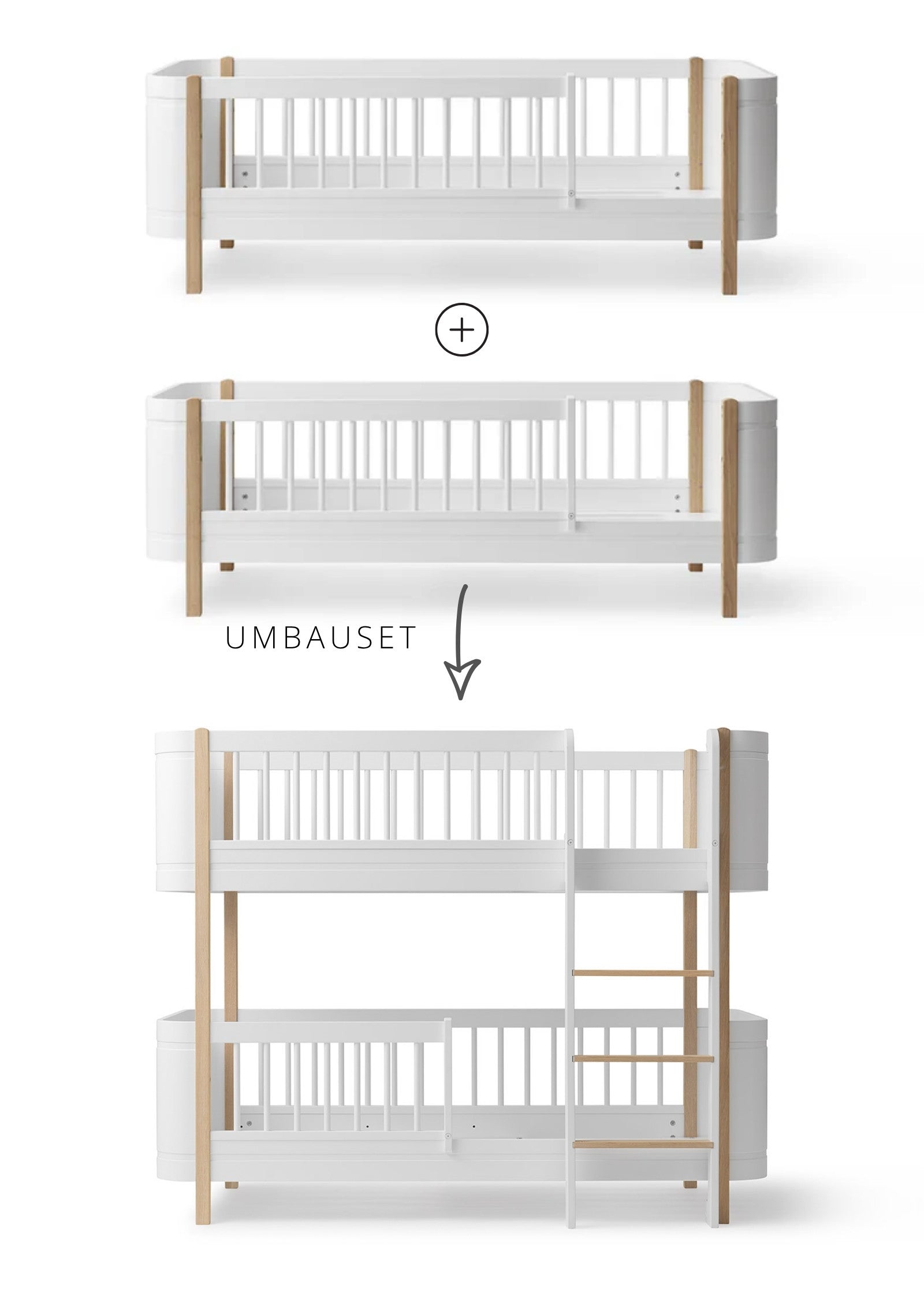 Oliver Furniture Umbauset für 'Wood Mini+' zwei Juniorbetten zum halbhohen Etagenbett Weiß / Eiche