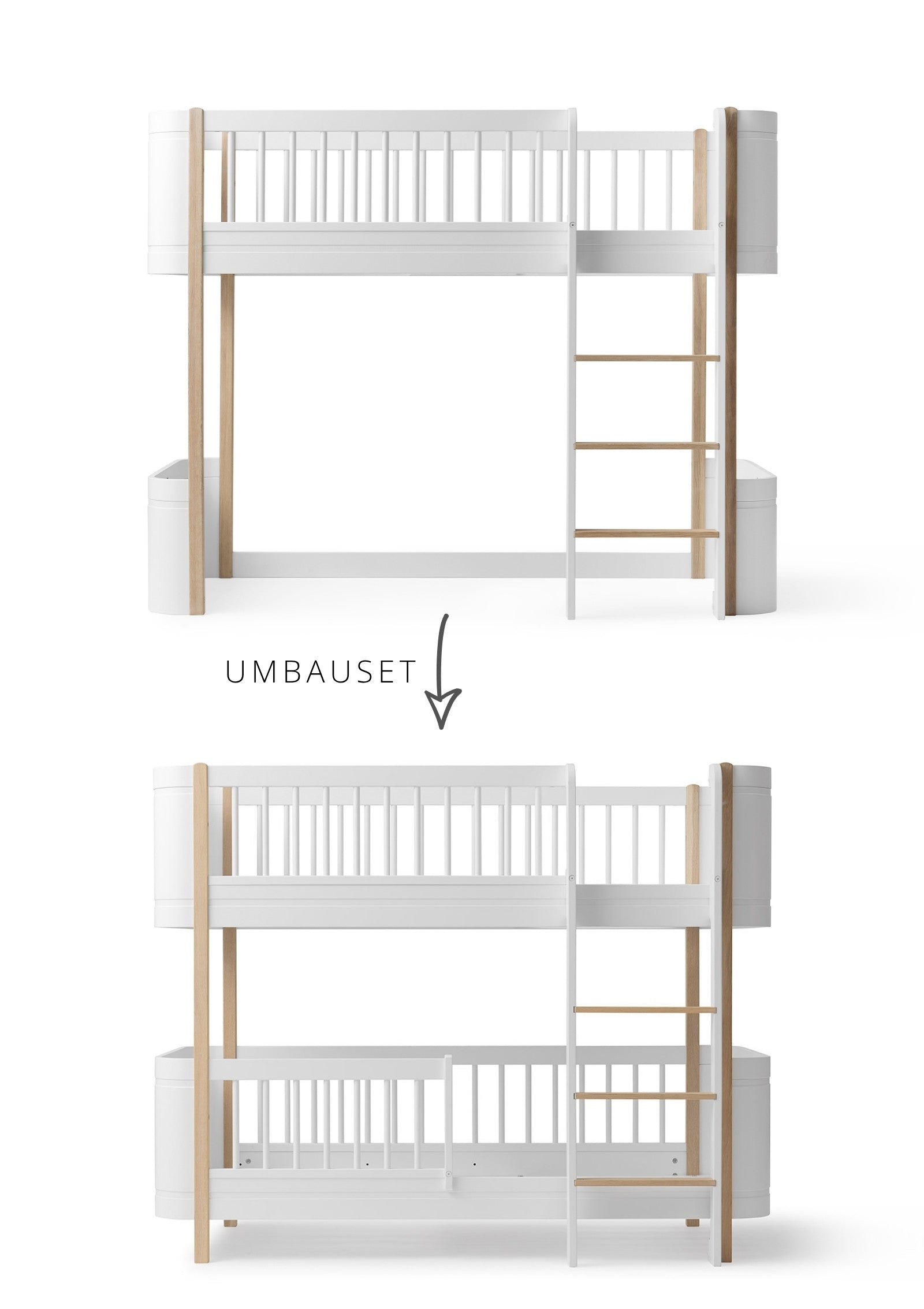 Oliver Furniture Umbauset für 'Wood Mini+' halbhohes Hochbett zum halbhohen Etagenbett Weiß / Eiche