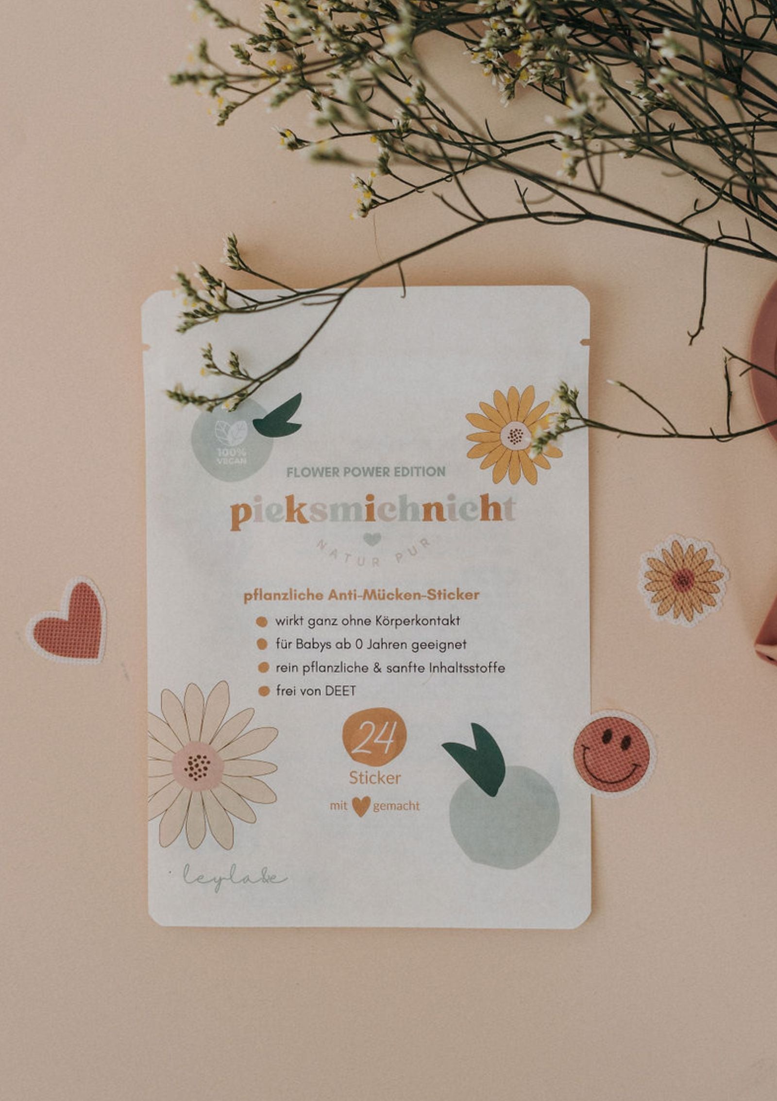 Anti-Mücken-Sticker 'Flower Power' – Verpackung Vorderseite