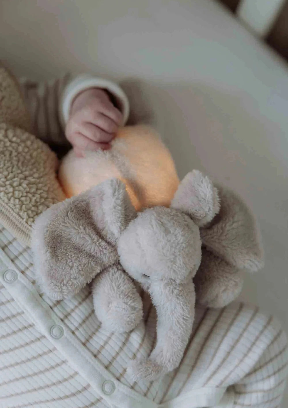 Baby liegt im Bett mit flow AMSTERDAM Plüsch-Elefant mit Nachtlicht 'George' blush
