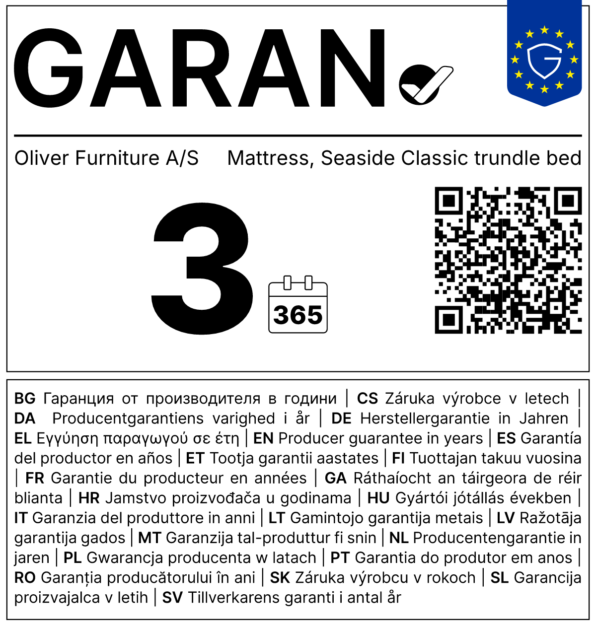 Vollständiges GARAN-Label, 3 Jahre Garantie auf Matratze für 'Seaside Classic' Ausziehbett 90 ×1 76 cm