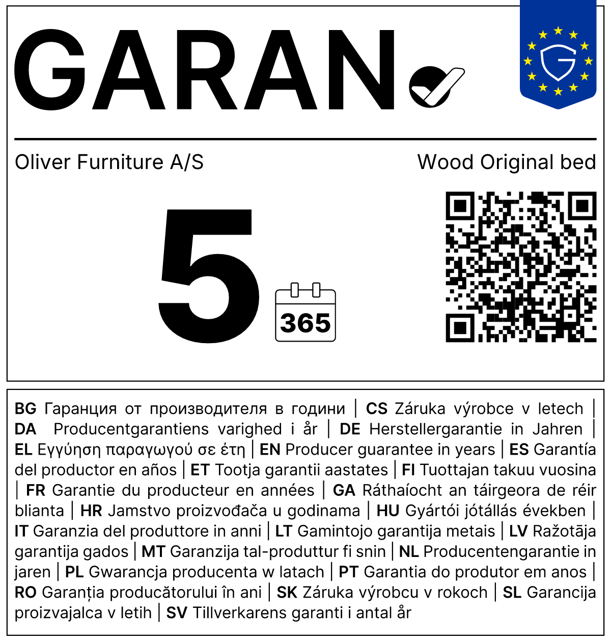 Vollständiges GARAN-Label, 5 Jahre Garantie auf Einzelbett 'Wood Original' Eiche 200 x 90 cm