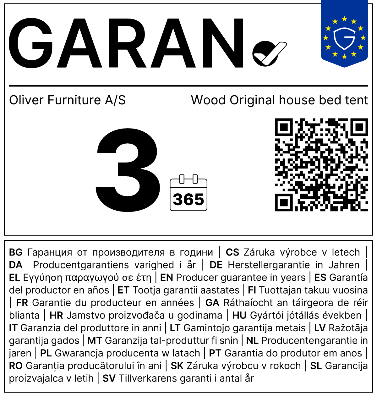 Vollständiges GARAN-Label, 5 Jahre Garantie auf Hausbett 'Wood Original' Weiß / Eiche 200 x 90 cm