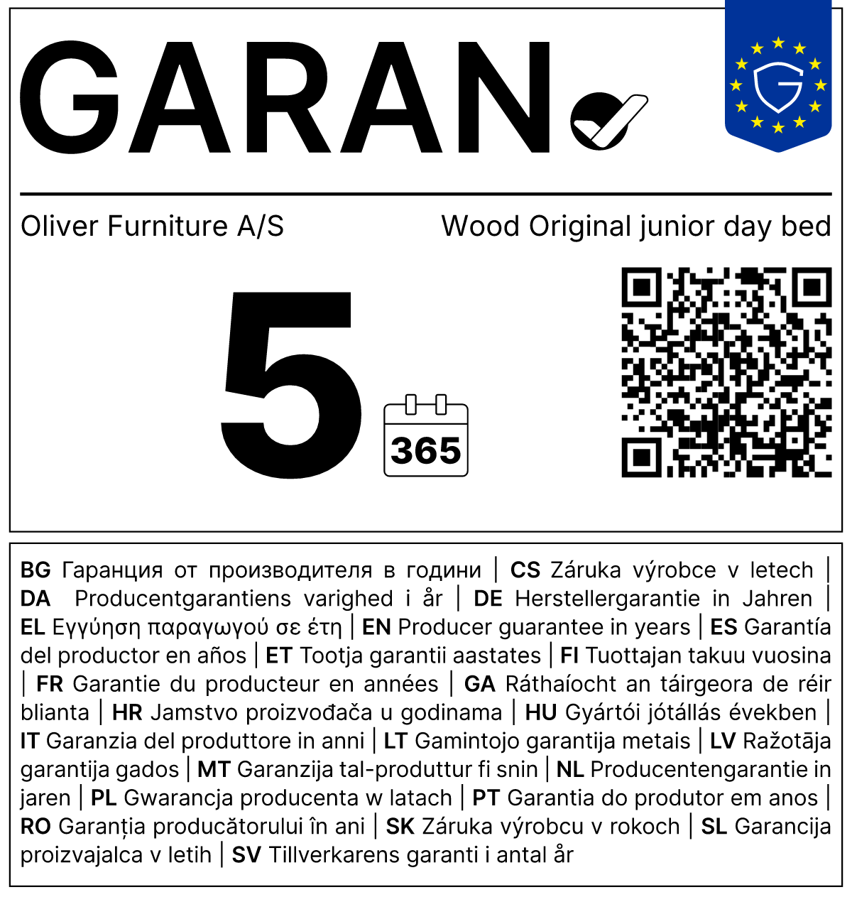 Vollständiges GARAN-Label, 5 Jahre Garantie auf Junior Bettsofa 'Wood Original' Eiche  160 x 90 cm