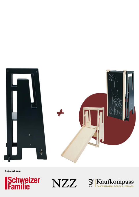 Tuki Entdeckerset Birke Black Lernturm + Rutsche mit Maltafel
